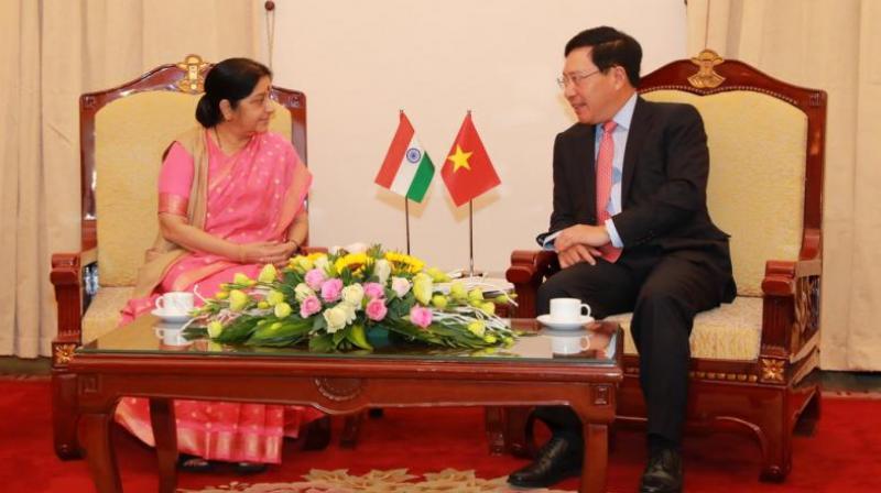 Sushma Swaraj co-chaired the 16th meeting of the Joint Commission along with the Vietnamese foreign minister. (Photo: Twitter | @AmbHanoi)
