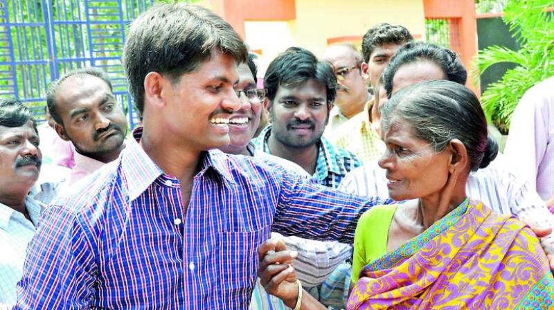Touching my mothers hand after eight years was my happiest moment, said Mr Pidatala Satyam Babu, who was released from the Rajahmundry Central Prison following his acquittal in the Ayesha Meera murder case.