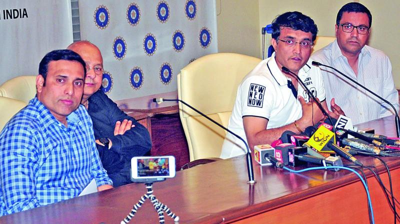 Former cricketer VVS Laxman (from left), BCCI joint secretary Amitabh Choudhury, former Indian captain Sourav Ganguly and BCCI CEO Rahul Johri address the media at BCCI office in Wankhede stadium in Mumbai. (Photo: Debasish Dey)