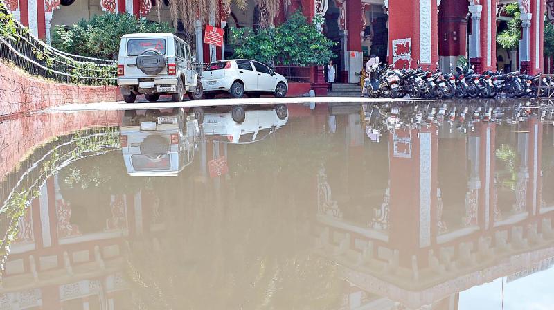 A pool of stagnated water witnessed at Egmore  railway station,which speaks about the poor storm water drain structures in the city. (Photo: DC)