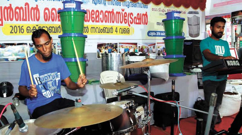 Drummer Kichu performs fusion music at the kicthen bin live demonstration programme in Thiruvananthapuram on Wednesday. (Photo: DC)