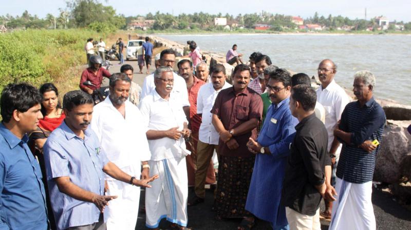 Tahsildar M Sajeevan and revenue officials visit the site where a man was killed after the high-mast light came crashing down on him at Ayikkara on Saturday. (Photo: DC)