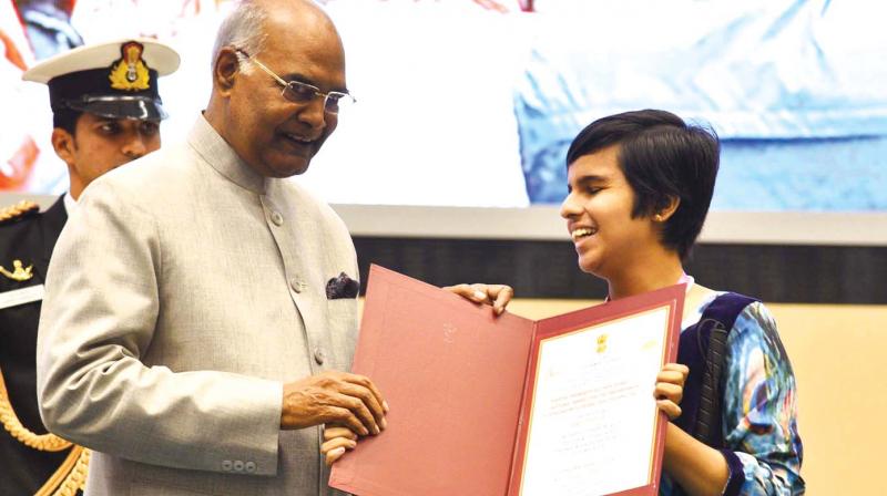 Tiffany Brar receives award from President Ram Nath Kovind in New Delhi on Sunday.