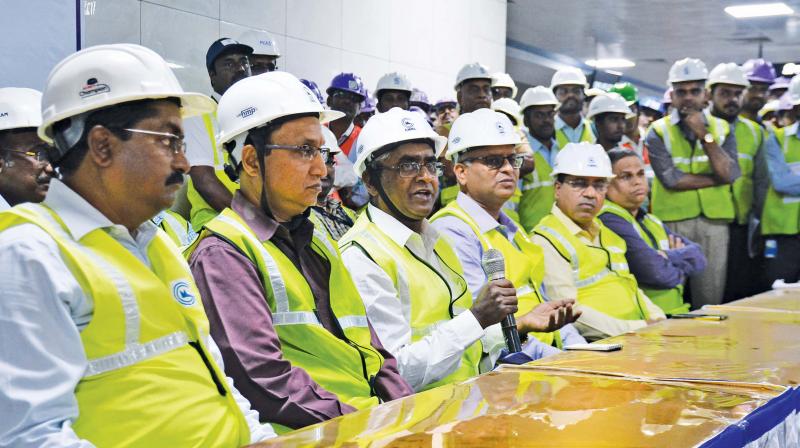 Chennai Metro Rail Limited officials meet the press and announced the completion of Washermanpet-DMS metro line on Saturday. 	DC