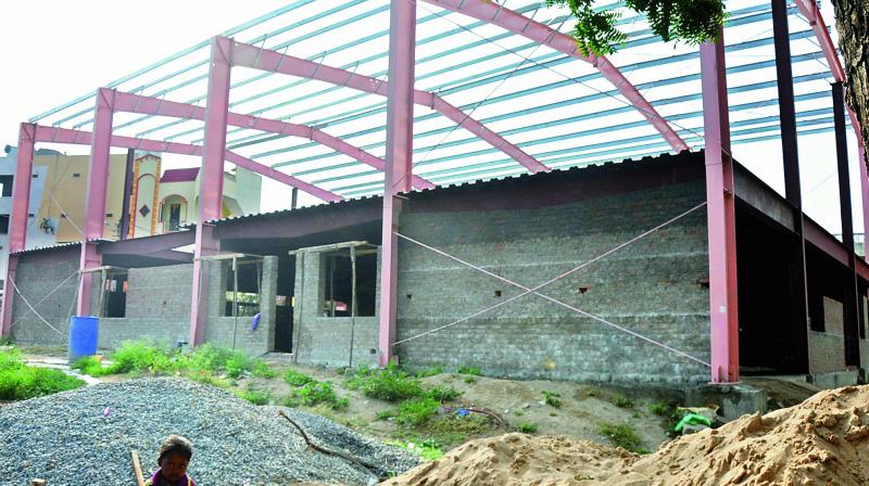 The community hall which is coming up on a portion of land said to belong to the Gandhi Hospital, on the Bhoiguda side in Secunderabad. 	(Photo: DC)