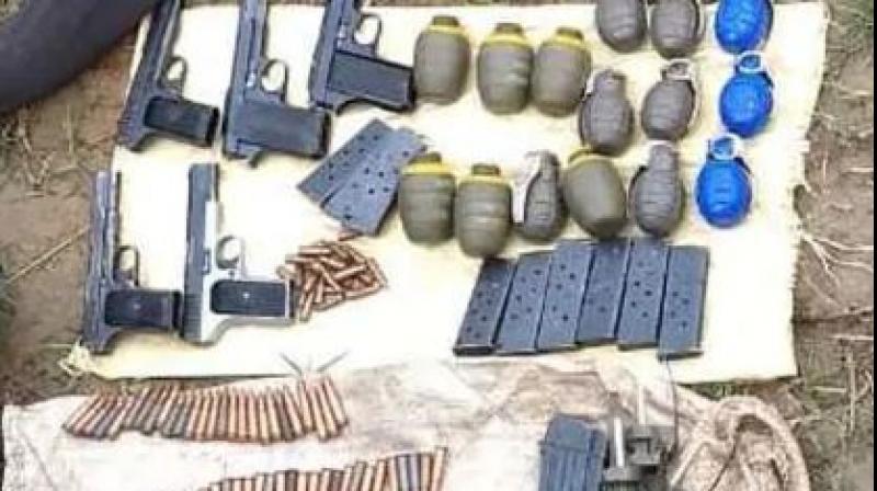 The recoveries made from the terrorist included two assault rifles along with two magazines and 234 rounds of bullets, five pistols with 10 magazines and 60 rounds, 15 hand grenades and 12 fuses for Improvised Explosive Devices. (Photo: ANI)