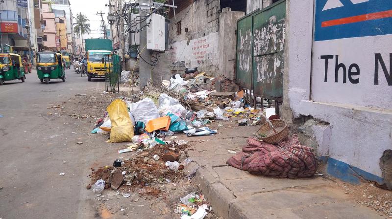 A big pile of garbage on a footpath at Tavarekere (Image DC)