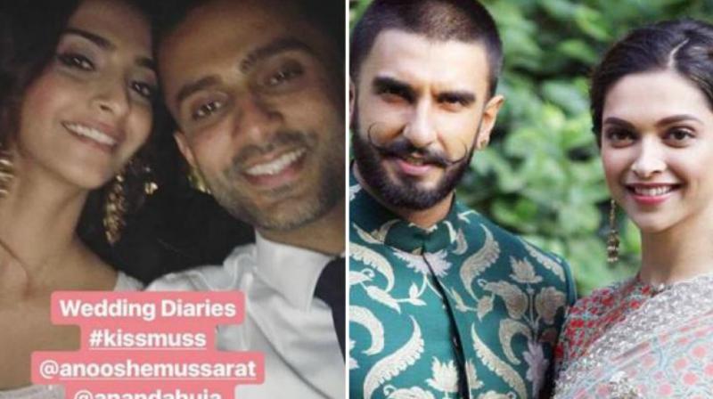 Sonam Kapoor with Anand Ahuja at a wedding (Photo: Instagram); Ranveer Singh with Deepika Padukone during their movie promotions (Photo: File)