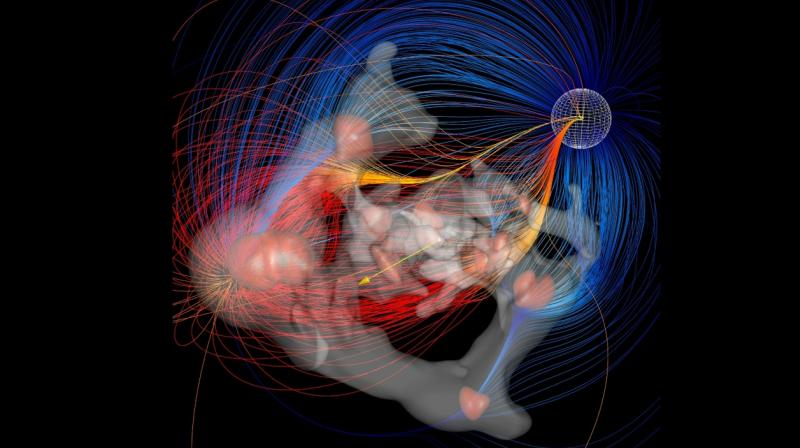 This computer generated image released shows a visualization of cosmic flows: blue streamlines converge on the Shapley Attractor, red streamlines trace back the velocity field to its divergent point. (Photo: AFP)