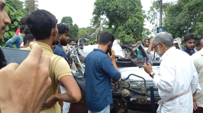 The mini van crushed in the accident at Pongallur near Nilambur on Monday. 	ARRANGED