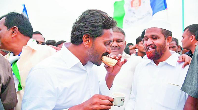 Y.S. Jagan Mohan Reddy relishing a bun and a cup of tea during his padayatra in Tadipatri on Tuesday. (Photo: DC)