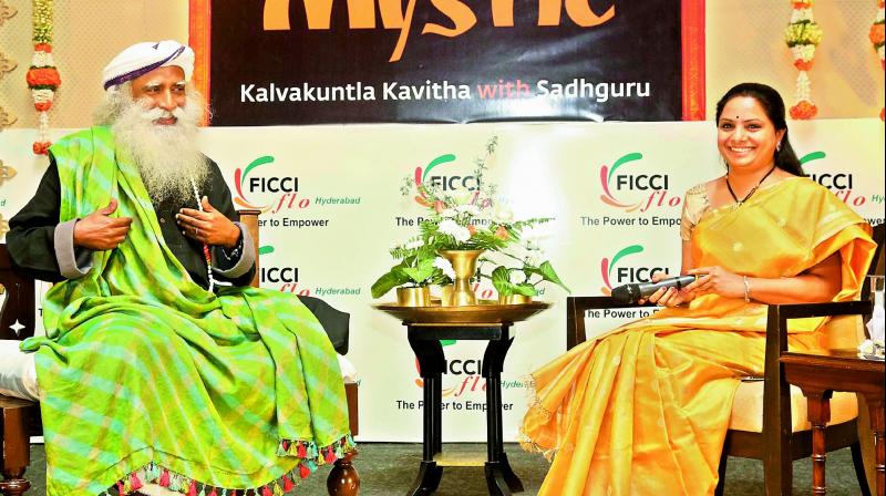 Sadhguru Jaggi Vasudev at an interactive session about womens empowerment with MP Kalvakuntla Kavitha on Monday. (Photo: DC)
