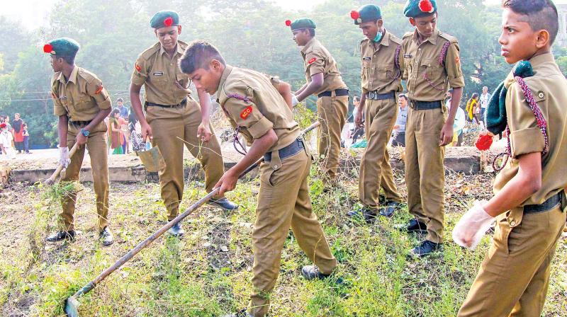 NCC members clean Fort St  George premises as part of the drive to clean heritage sites in Chennai. (Photo: DC)