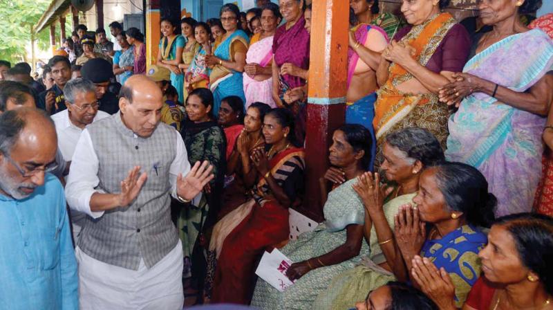 Union home minister Rajnath Singh visits a relief camp at Elanthikara near Paravur in Kochi on Sunday accompanied by Chief Minister Pinarayi Vijayan (Photo: PRD)