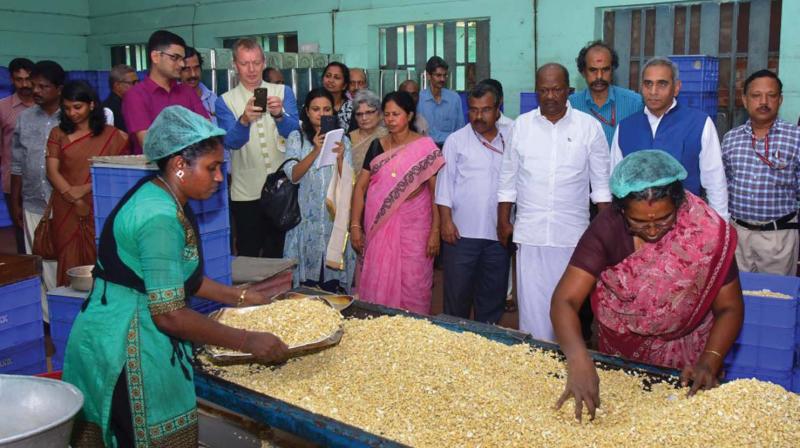 A UN delegation at a cashew factory in Ayathil in Kollam as part of their industry visit.
