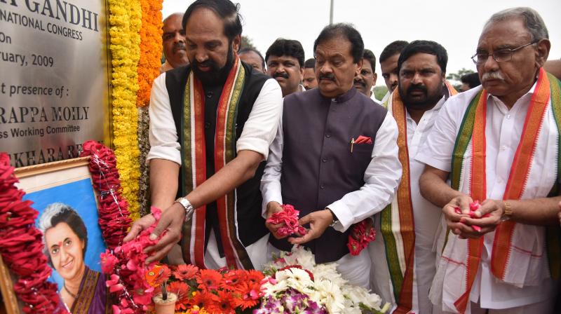 TPCC president N. Uttam Kumar Reddy, Leader of Opposition in Council Shabbir Ali and Congress MP K.V.P. Ramachandra Rao pay tributes to former Prime Minister Indira Gandhi to mark her birth centenary, in Hyderabad on Sunday. (Photo:DC)