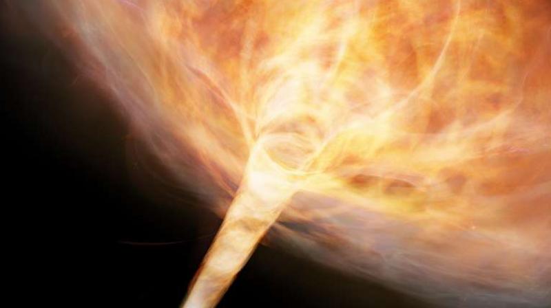 The gas is dragged along by the strong gravity of the black hole to form a narrow gas stream. Photo: Keio University