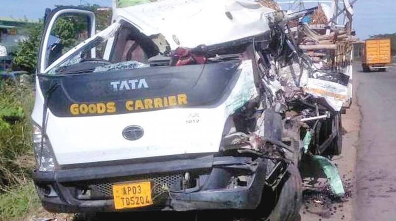 Mangled remains of goods carrier which rammed into a government bus at Mambakkam near Sriperumbudur. (Photo: DC)