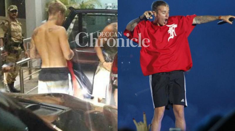 Justin Bieber at the Mumbai airport on Thursday (L) and during his concert (R).