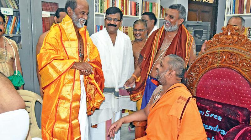 Actor Rajinikanth with Raghavendra Swamy Mutt  head in  Mantralayam on Tuesday. (Photo: DC)
