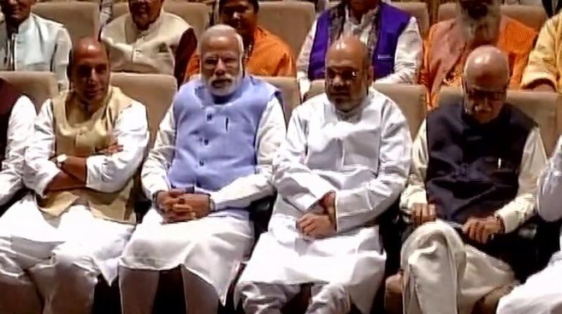 Prime Minister Narendra Modi with BJP president Amit Shah, senior party leader LK Advani and Home Minister Rajnath Singh at Parliamentary Party meeting in New Delhi. (Photo: ANI Twitter)