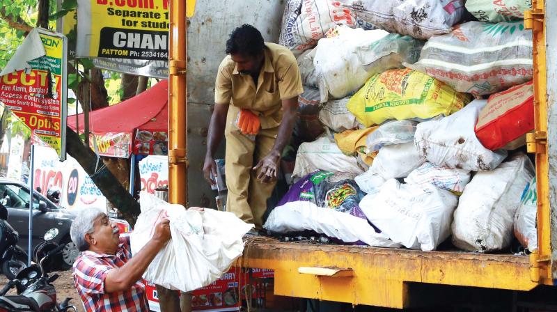 Glass waste being collected at Poojappura ground during Corporations glass waste collection drive on Thursday.  (Photo:  A.V. MUZAFAR)