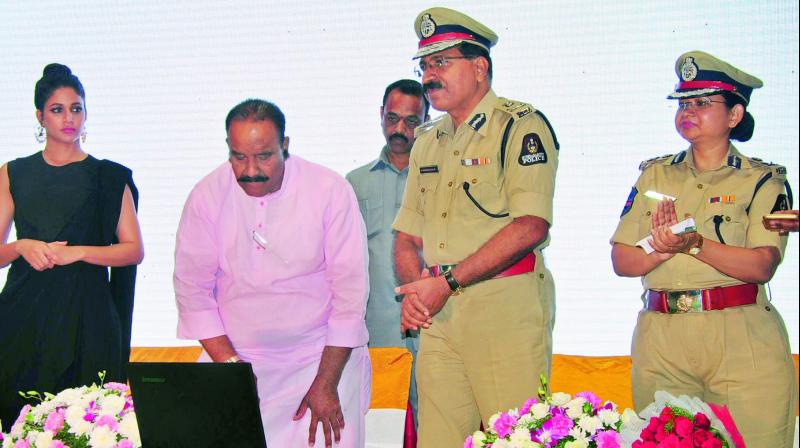 Mr Mahender Reddy, commissioner of police, actress Lavanya Tripati and Swati Lakhra, additional CP at the 3rd anniversary celebrations of SHE Team at RTC Kala Bhavan on Thursday. (Photo: DC)