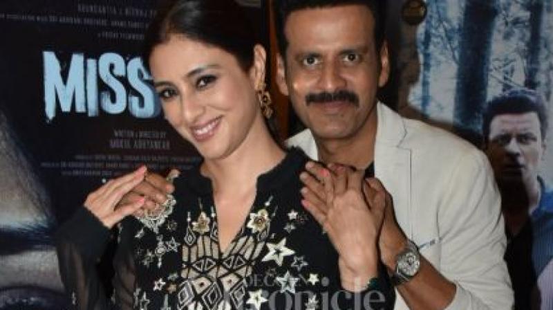 Tabu and Manoj Bajpayee duing Missing promotions. (Photo: Deccan Chronicle)