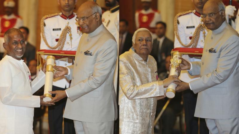 Illayaraja and Ghulam Mustafa Khan receiving their honour from President Ram Nath Kovind. (Photos: AP)