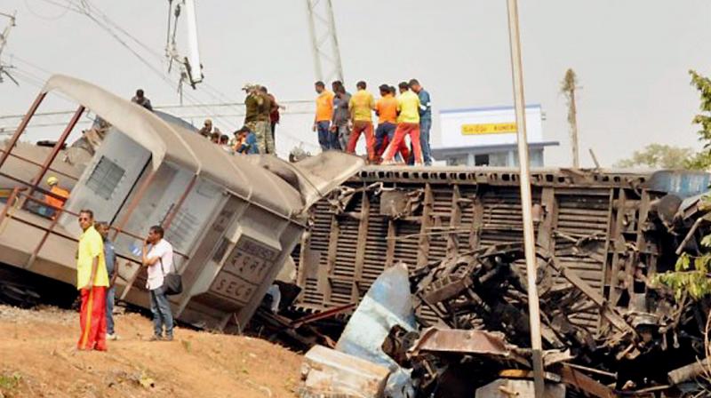 The mangled remains of Hirakhand Express which met with an accident near Kuneru station in Vizianagaram, Andra Pradesh. (Photo: PTI)