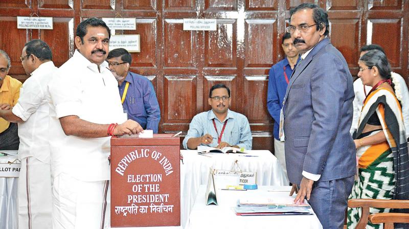 Chief Minister Edappadi K. Palaniswami casts his vote for NDA presidential candidate Ram Nath Kovind in the city on Monday.