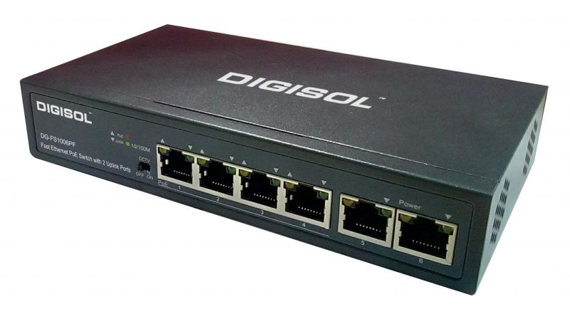 The DG-FS1006PF switch offers 6 x10/100Mbps fast Ethernet ports with four Power over Ethernet ports.