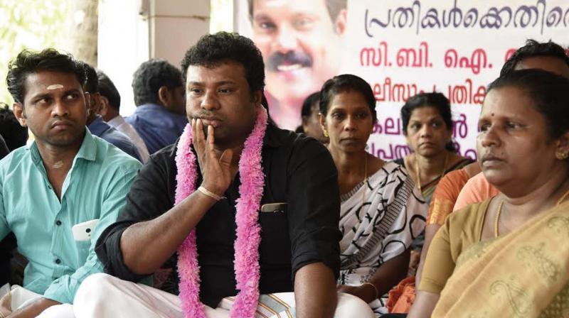 R.L.V. Ramakrishnan, brother of actor Kalabhavan Mani, sitting on a three-day fast in Chalakkudy on Saturday demanding CBI probe into the mysterious death of the actor. (Photo: ANUP K VENU)