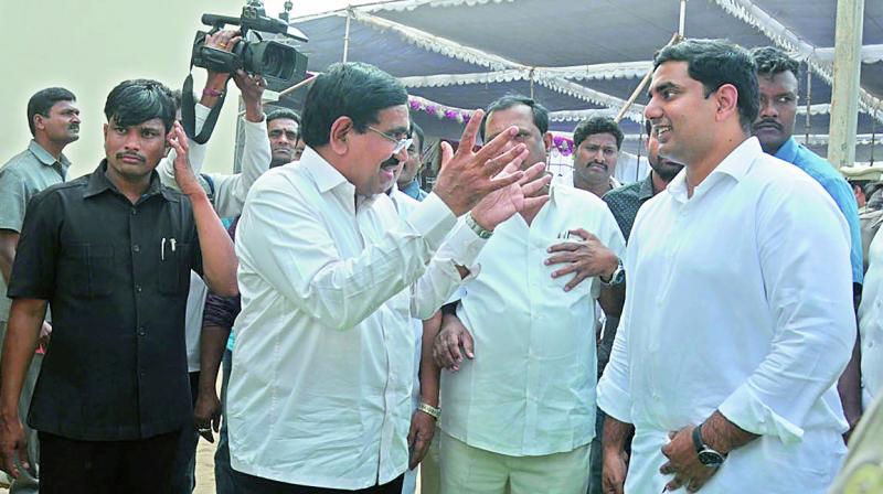 Minister for IT and Panchayat Raj Nara Lokesh inspects a PMAY housing site in Nellore city on Monday. (Photo: DC)