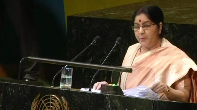 Swaraj said the demon of terrorism now stalks the world, at a faster pace somewhere, a slower pace elsewhere, but life-threatening everywhere. (Photo: ANI/Twitter)