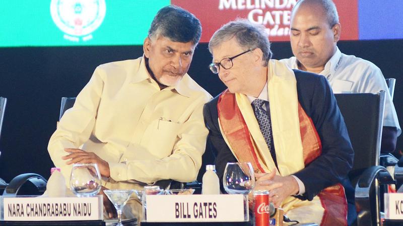 Chief Minister N. Chandrababu Naidu with the co-founder of Microsoft Bill Gates at the AP AgTech Summit 2017 valedictory programme at APIIC Grounds in Visakhapatnam on Friday. (Photo: DC)
