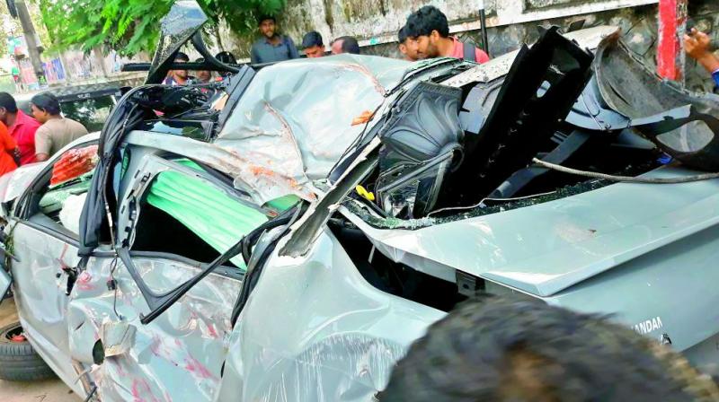 Mangled remains of the car from the accident in Kowdiar. (Photo: DC)