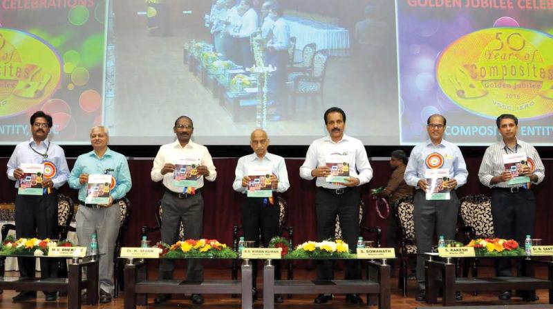 ISRO chairman A.S. Kiran Kumar releases Composites Entity - Centre of Excellence at the golden jubilee celebrations of Composites at VSSC in Thiruvananthapuram on Monday. Also seen are (from L to R) A. Rajarajan, Dy. director, VSSC, M. V. Dhekane, Director IISU, Dr. K. Sivan, Director VSSC, S. Somanath, Director LPSC, S. Rakesh, Director IPRC and B. Santhosh, convener, organising committee. (Photo: DC)