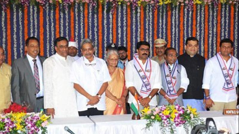 Goa Governor Mridula Sinha with newly sworn-in Chief Minister Manohar Parrikar and ministers. (Photo: PTI)