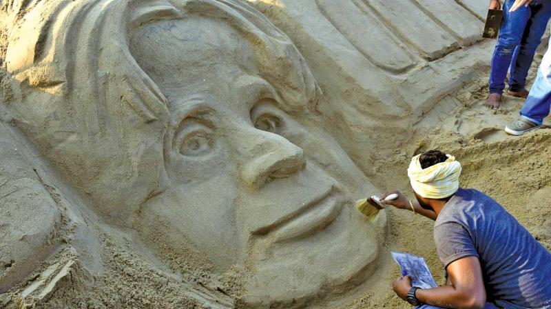 ICAT Design and Media College organises a sand art event in Chennai on Saturday to commemorate A.P.J. Abdul Kalam birth anniversary (Photo DC)