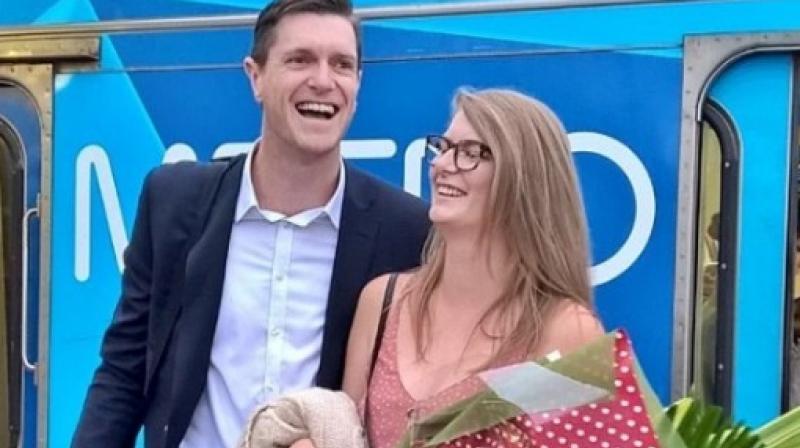 Ryan Jacka and Hannah Dittrichs big moment was captured on video by commuters and even posted online by Metro Trains official Twitter handle. (Photo: Twitter/ @metrotrains)
