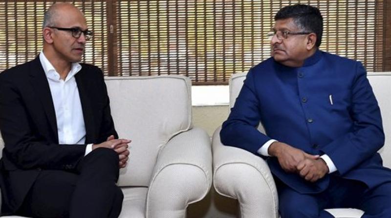 Union Minister for Electronics & Information Technology Ravi Shankar Prasad with CEO Microsoft, Satya Narayana Nadella during a meeting in New Delhi (Photo:PTI)
