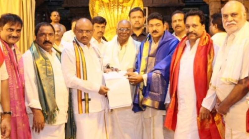 The offerings were made in the presence of TTD Chairman Putta Sudhakara Yadav, Andhra Pradesh Industries Minister N Amaranatha Reddy and other officials at the hill temple. (Photo: tirumala.org)