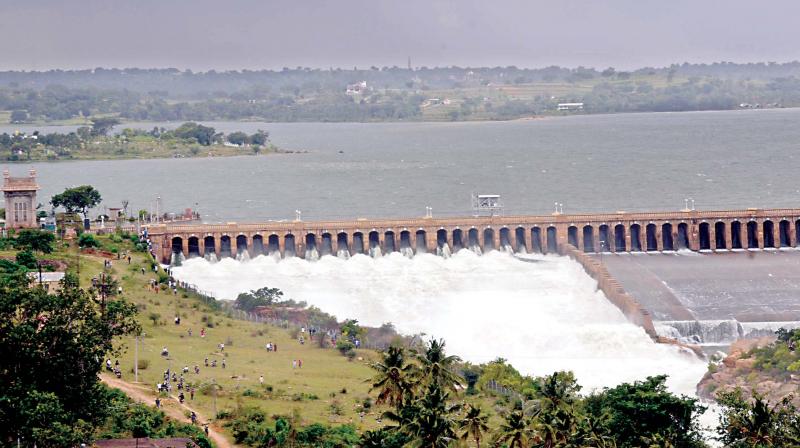 Water being released from the KRS reservoir near Mysuru on Saturday. (Photo:DC)