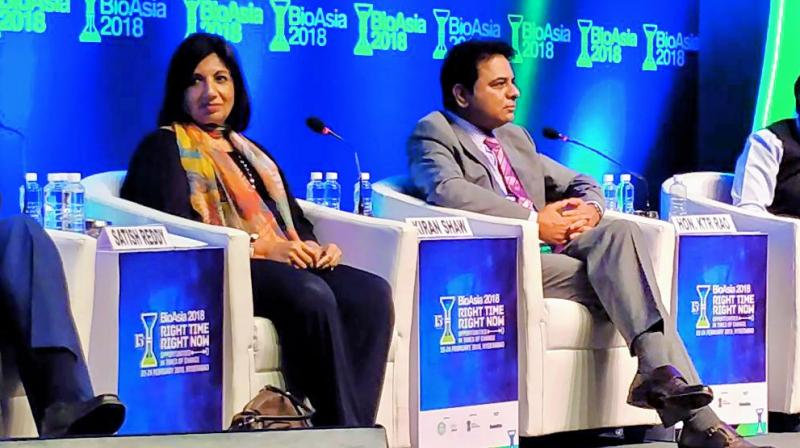 Founder of Biocoin, Mrs Kiran Majumdar Shaw, minister of IT, Mr K.T. Rama Rao at the CEO conclave at BioAsia on Friday at HICC. 	 DC