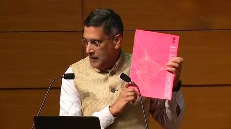 The pre-Budget annual document detailing state of economy was in the past presented in multiple hues of blue, green and yellow but the Survey 2017-18 sported a pink cover chosen as a symbol of support for the growing movement to end violence against women which spans continents. (Photo: ANI)