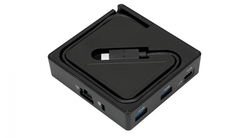 The docking station claims to expand your laptop into a workstation by plugging in peripherals into the two USB-A ports.