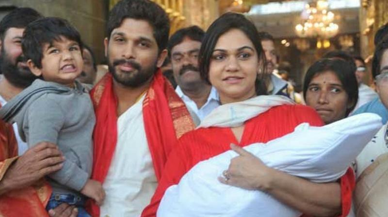 Allu Arjun along with his wife Sneha and kids visited Tirumala on Monday.