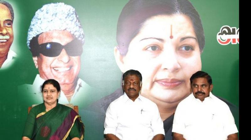 Tamil Nadu Chief Minister O Panneerselvam and AIADMK General Secretary V K Sasikala at the party MLAs meeting in which she was elected as AIADMK Legislative party leader, set to become Tamil Nadu CM, at partys Headquarters in Chennai on Sunday. (Photo: AIADMK/Twitter)