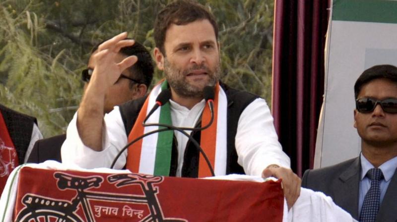 Congress Vice-President Rahul Gandhi addresses the crowd during a joint Congress -SP public rally in Kanpur on Sunday. (Photo: PTI)